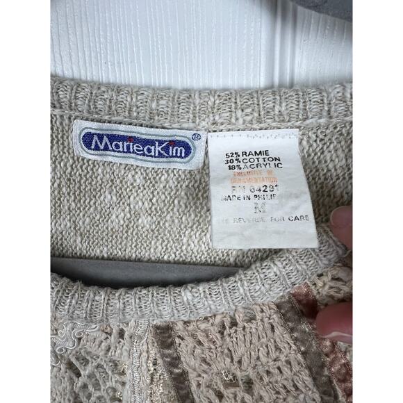 Vintage Crochet Floral Beaded Wearable Art Beige Earth Tones Sweater Medium - Picture 3 of 8